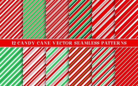 Candy cane christmas pattern. Vector seamless Christmas striped backgrounds. Red, green, white, peppermint wrapping texture. Xmas holiday diagonal stripes. Set of cute caramel package geometric printsのイラスト素材