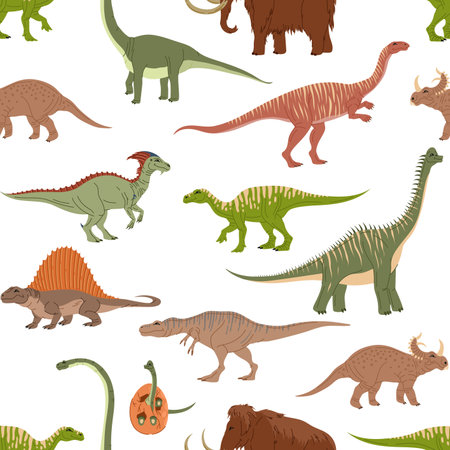 Cartoon dinosaur characters seamless pattern of vector baby dino egg and prehistoric animals. Cute background with mammoth, tarbosaurus and dimetrodon, parasaur and iguanodon, funny raptor dinosaursのイラスト素材