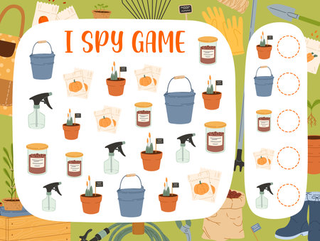 I spy game. Farm and gardening tools brain puzzle vector worksheet. Kids riddle game or quiz with find and count task, flower pots, seeds, buckets and water sprayers, children education activityのイラスト素材