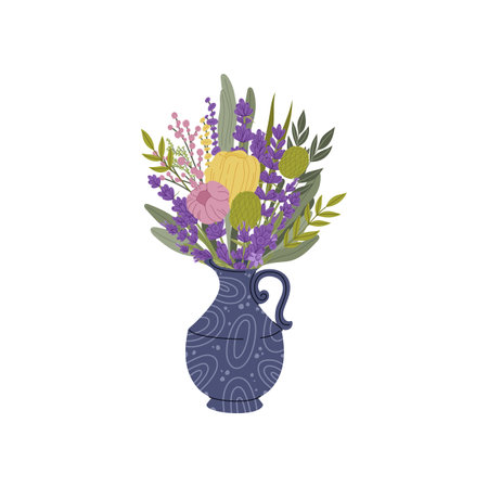Marvelous violet, purple and burgundy flowers and lilac rose vector design bouquet. Fashionable bouquet in jar, spring or summer flowers bunchのイラスト素材
