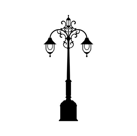 Old pillar on two lamps, vintage street light lantern. Vector light pillar urban city illumination object. Retro lampost, isolated vintage streetlightのイラスト素材