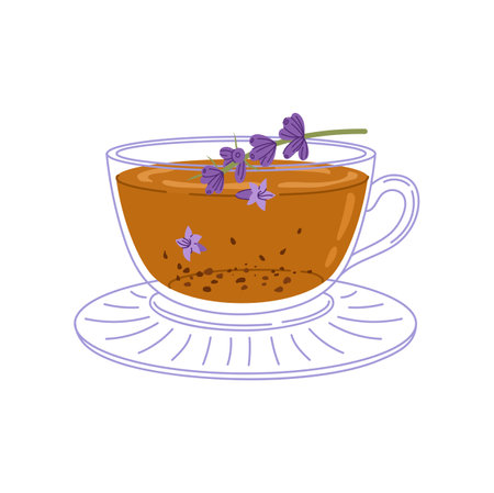 Tea with lavender flower branches, floral design element. Vector glass cup on saucer with hot drink, medicinal herb and healthy beverageのイラスト素材