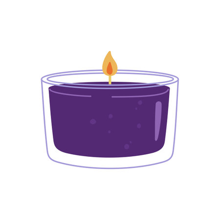 Burning candle in glass jar with burning lid and lavender scent, romantic object. Vector purple lilac trendy candle, spa and aromatherapy candellight decorationのイラスト素材