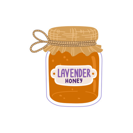 Wildflower organic natural honey in cartoon glass jar with label. Design of package with hand drawn lavender label. Vector layout or template of tagのイラスト素材
