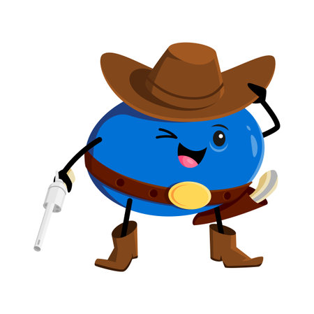Cartoon blueberry cowboy character, berry sheriff, robber, bandit or ranger. Vector wild west hero in hat and boots wink eye. Happy positive garden berry western personage express positive emotionsのイラスト素材