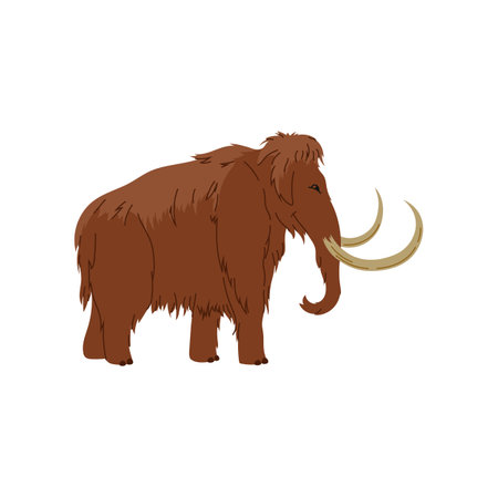 Cartoon cute funny mammoth with brown hair. Vector cute nice baby mamont, prehistoric extinct animal with ivory tusk, funny creatureのイラスト素材