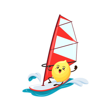 Cartoon fresh lemon fruit character windsurfing recreation on beach during summer holiday. Isolated vector healthful citrus food enjoying outdoor leisure and entertainment at ocean resort destinationのイラスト素材