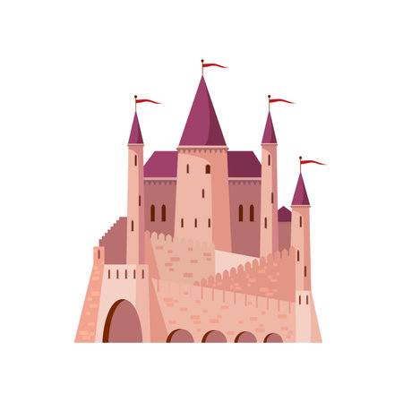 Cartoon royal fortress medieval palace with towers, gates and flag. Vector fantasy fort, old medieval city architecture, game citadel, kingdom palaceのイラスト素材