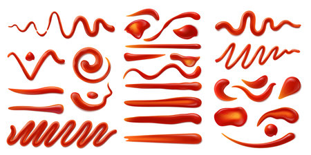 Ketchup sauce stains and splashes. Barbeque cooking, hot chili pepper or BBQ tomato ketchup sauce or spicy gravy paste realistic vector smear, isolated smudge, red condiment texture strokes setのイラスト素材