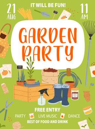 Garden party flyer with vector gardening tools. Cartoon garden boots, flower pots and seedlings, rake, spade and shovel, bucket, wood crate and watering hose, summer or spring outdoor party posterのイラスト素材