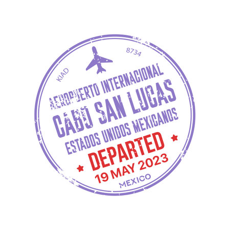 Cabo San Lucas departed visa stamp, mexico travel border control. Vector international airport sign, vintage insignia of Latin American countryのイラスト素材