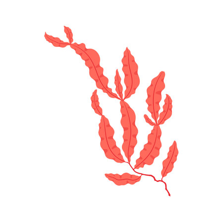Pink aquarium seaweed branch with leaves, underwater flora plant at sea bottom. Vector aquatic exotic anemone plant. Seabed decorationのイラスト素材