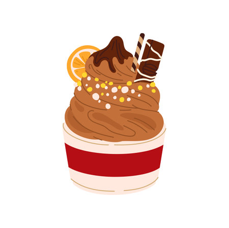 Ice cream dessert in paper bowl topped by chocolate candy stick and slice of lemon. Vector refreshing summer dessert, ice-cream fastfood snack, sweet foodのイラスト素材