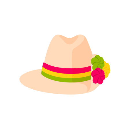 Barranquilla carnival holiday hat with flowers color icon. Vector Garabato hat decorated with ribbons and cayenne flowersのイラスト素材