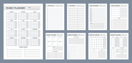 Planner page templates for year, month and everyday scheduling vector timetables set. Build personal and business agenda in effective way. Time management supplies for planning events and meetingsのイラスト素材