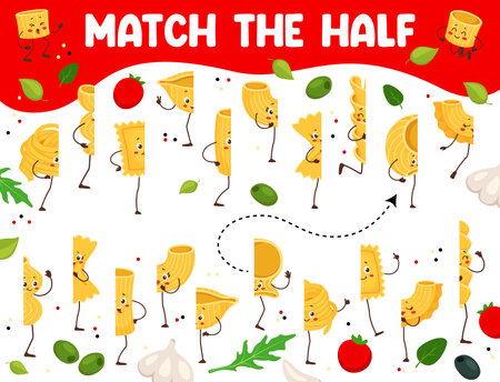 Match the half of cartoon italian pasta characters kids game vector worksheet. Matching puzzle quiz of funny macaroni and noodle food personages. Find correct pair of fusilli, farfalle and ravioliのイラスト素材