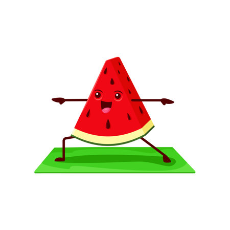Cartoon watermelon fruit slice character on yoga class. Vector funny smiling personage stand on mat with outspread arms striving for mental and physical harmony during zen, wellness or yogi practiceのイラスト素材