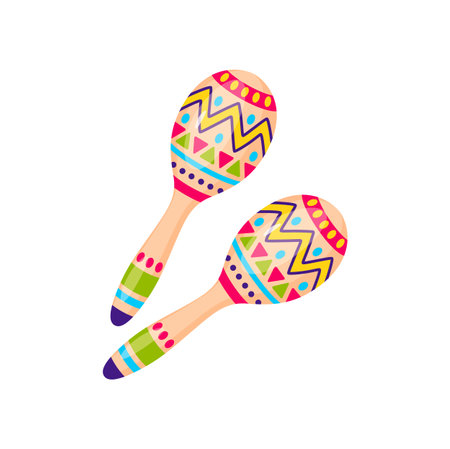 Traditional Mexico music maracas rhythm percussion wooden tools, Barranquilla carnival holiday object. Vector musical instrument, two beanbag rattlesのイラスト素材