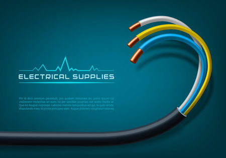 Electrical power cable. Power supply and communication equipment, electricity generation, engineering and telecommunication industry 3d realistic vector background with electrical braided copper cableのイラスト素材
