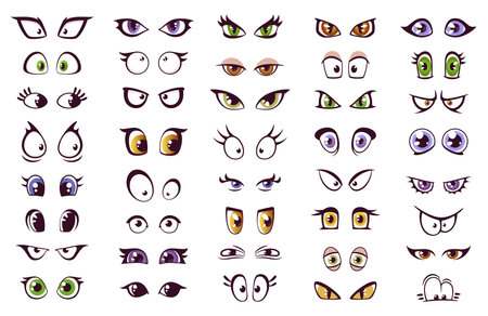 Cartoon eyes isolated vector set. Comic style looks expressing different emotions. Kind, angry, surprised and suspect, loving, wow or bored eyes collection for characters and personages creation kitのイラスト素材