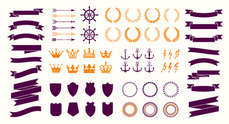 Vintage badge, seal, laurel wreath and crown, retro arrow and label, anchor and shield design elements, isolated vector medieval heraldry, navigation and royalty decoration icons setのイラスト素材