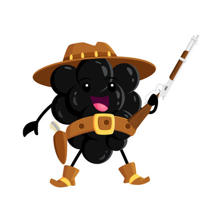 Cartoon blackberry cowboy or ranger character. Funny vector berry robber or bandit wear hat and boots holding rifle gun. Isolated fantasy western food horseman Wild West texas gangster personageのイラスト素材
