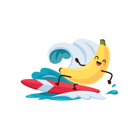 Cartoon banana fruit surfer character on beach vacation. Fresh vector tropical fruit personage has outdoor fun at sea resort riding surf board on sea wave. Healthy food on summer relax in oceanのイラスト素材