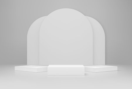 Grey podium. Cosmetics product presentation empty pedestal, exhibition gallery scene or studio showroom platform or base 3d realistic vector background. Showcase mockup with square podium and archのイラスト素材