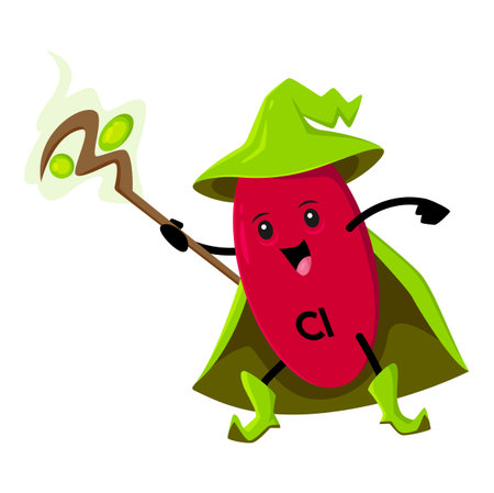 Cartoon Cl mineral micronutrient warlock character. Isolated vector chlorium funny food supplement. Nutrient or element bubble mage capsule personage wear witch hat, cape casts spell with magic staffのイラスト素材