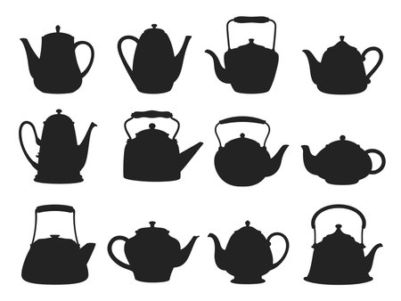 Ceramic teapot and kettle silhouettes. Vector kitchen crockery, black coffee or tea pots for hot drinks or beverages. Isolated set of retro tableware, handmade pottery or vintage household utensilsのイラスト素材