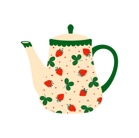 Tea pot isolated porcelain kettle with hot drink, cartoon teapot with strawberry print. Vector coffeepot with cap, kitchenware utensilのイラスト素材