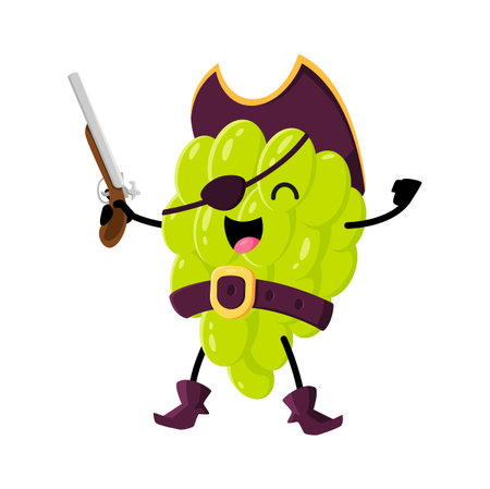 Cartoon funny grapes berry pirate captain character. Vector grape corsair with musket in hand. Happy smiling picaroon juicy vitamin personage in eye patch, cocked hat and boots ready for adventureのイラスト素材