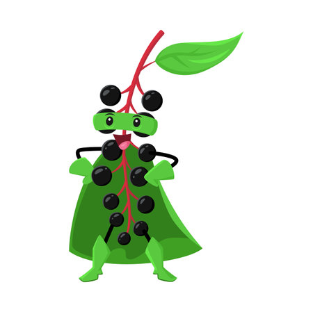 Cartoon birds cherry berry superhero vector character. Super hero defender personage in cape and mask stand with arms akimbo. Funny cheerful fairytale healthy food, brave vigilante ready for featのイラスト素材