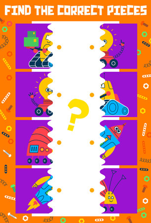 Find the correct pieces of cartoon robots and droids characters, kids game quiz. Vector puzzle worksheet, match the halves of cute robotic toys, robot spaceman, android assistant and droid snailのイラスト素材