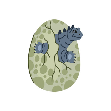Walkeri extinct dino in egg shell, funny t-rex baby. Vector prehistoric lizard animal cute personage. Dinosaur in cracked egg-shell isolated cartoon animalのイラスト素材