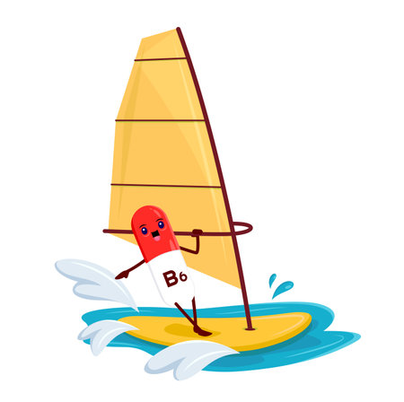 Cartoon vitamin B6 on windsurfing. Micronutrient dragee, healthy nutrition mineral pill or food supplement capsule cute vector personage. Vitamin tablet funny character or happy mascot on windsurfのイラスト素材