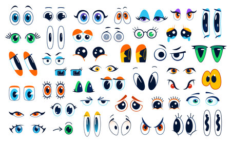 Cartoon eyes isolated vector set. Comic style round and square eyes express angry, kind, surprised, suspect, loving, wow or bored emotions. Funny look collection for characters and personages creationのイラスト素材