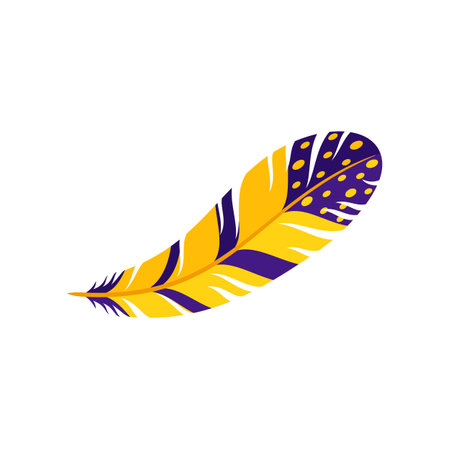 Cartoon feather Barranquilla carnival holiday object, folkloric celebration attribute. Vector colombian exotic feather in yellow and purple colorsのイラスト素材