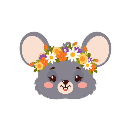 Mice cute animal with flower crown, cartoon face of funny mouse, happy character. Vector funny smiling rat, animal head wearing floral wreathのイラスト素材