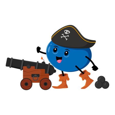 Cartoon blueberry corsair character with cannon and cannonballs. Vector bilberry pirate, berry in picaroon costume. Buccaneer whortleberry personage wear captain tricorn, isolated funny freebooterのイラスト素材
