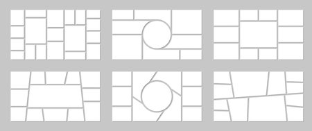 Photo mosaic collage. Vector templates of different shapes for adding images set. Round, square, rectangular, square, trapezoidal or free-form parts for creating photo collection, montage or moodboardのイラスト素材