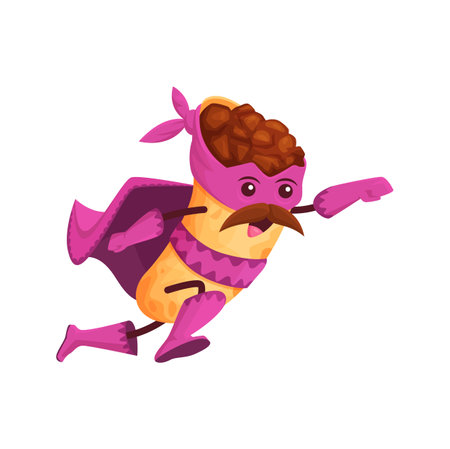 Cartoon tex mex burrito superhero character. Funny vector mexican food super hero comics book personage in cape, boots, gloves and mask flying. Isolated powerful fairy tale meal mustached defenderのイラスト素材