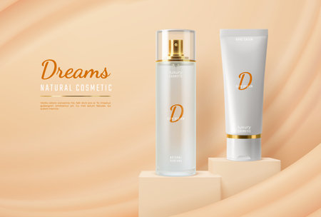 Cosmetics cream, perfume mockup on beige podium. Toilet water, skincare cream or lotion container presentation platform or podium, luxury cosmetics product promotion showcase, realistic vector bannerのイラスト素材