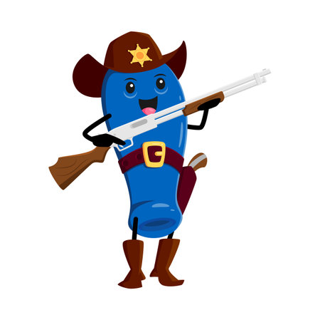 Cartoon honey berry cowboy, sheriff character. Vector funny wild west texas honeysuckle personage with rifle in hands. Western honeyberry police wear boots and hat. Healthy vitamin food, kid menuのイラスト素材