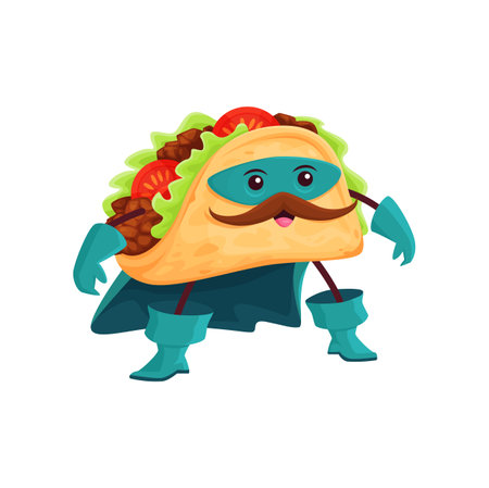 Cartoon tex mex tacos superhero character. Funny vector mexican food super hero comics book personage in cape, boots, gloves and mask. Isolated powerful fairy tale vigilante with mustachesのイラスト素材