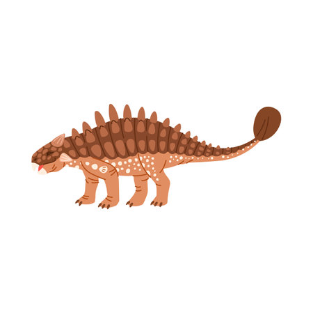 Prehistoric dinosaur Ankylosaurus with tail club cartoon character. Vector prehistoric dino, animal of jurassic period, brown dinosaur head with hornsのイラスト素材