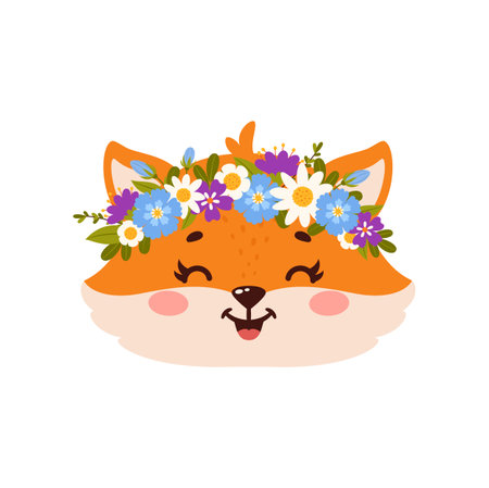 Cartoon face of funny happy fox character personage with flower wreath. Vector animal head wearing floral bouquet, funny smiling wild red foxのイラスト素材