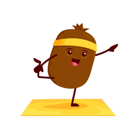 Funny cartoon kiwi fruit character on yoga or pilates fitness sport. Vector comic personage, cute tropical fruit stand on one leg in yogi pose practicing stretching class or health care practiceのイラスト素材