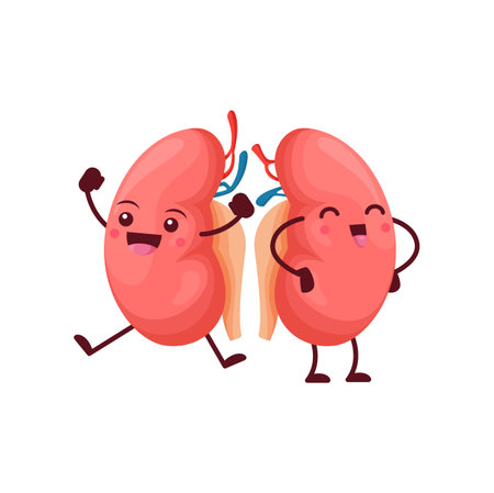 Cartoon kidneys body organs characters. Vector human reins anatomical positive personage with cute smiling face. Funny medical education of urinary system, anatomy science for kids, renal health careのイラスト素材