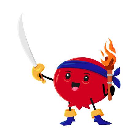 Cartoon cowberry corsair character with cutlass and torch. Isolated vector red bilberry pirate, happy smiling captain, sailor buccaneer in bandana and boots. Freebooter or picaroon foxberry personageのイラスト素材